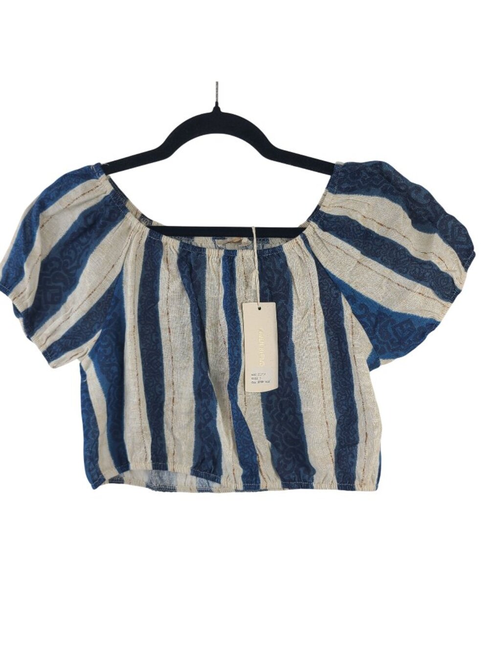 NEW Bellambra Womens Striped Linen Blend Crop Top Puff Sleeves Blue & Beige Sz S